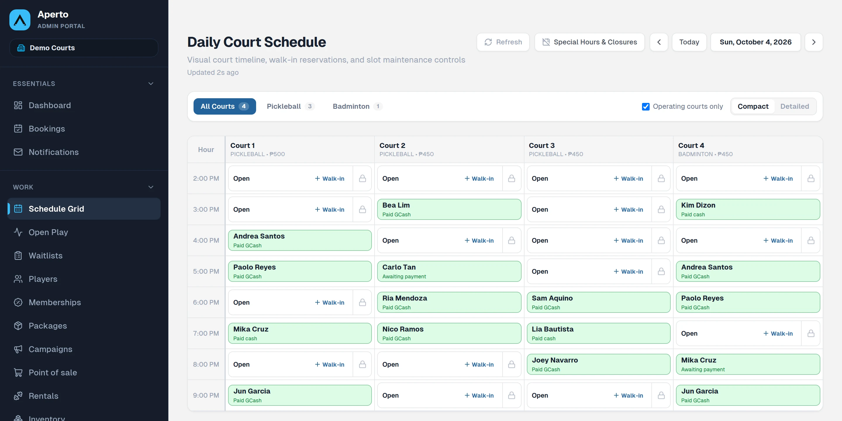 The Aperto Schedule Grid: four courts by the hour, with paid, cash and awaiting-payment bookings and one-tap walk-ins
